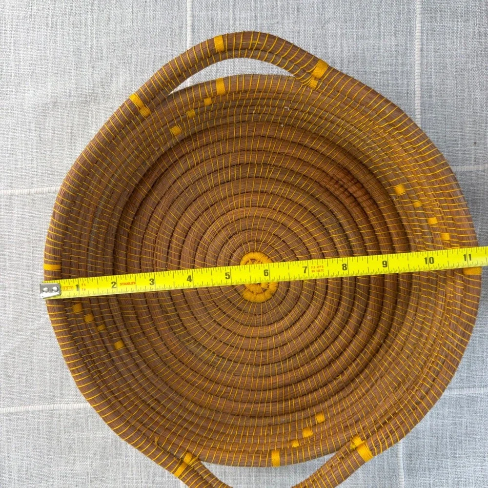 Pine Needle Woven Basket Yellow‎ Brown Cottagecore Round Basket 2 Handles 11
